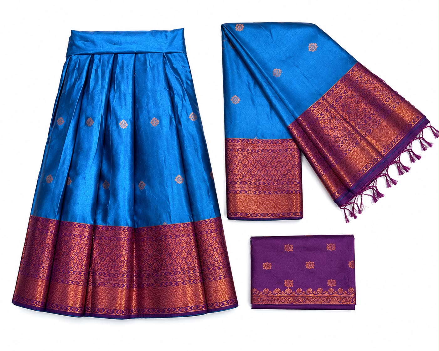 Premium Royal Blue Kerala Dhavani Set with Contrast Brocade Border