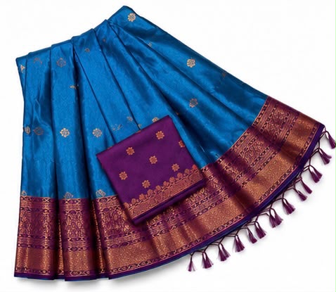 Premium Royal Blue Kerala Dhavani Set with Contrast Brocade Border