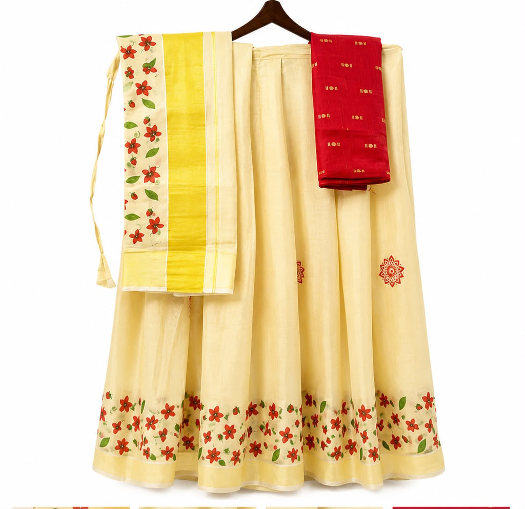 Traditional Tissue Dhavani Set | Floral Border Kerala Half Saree
