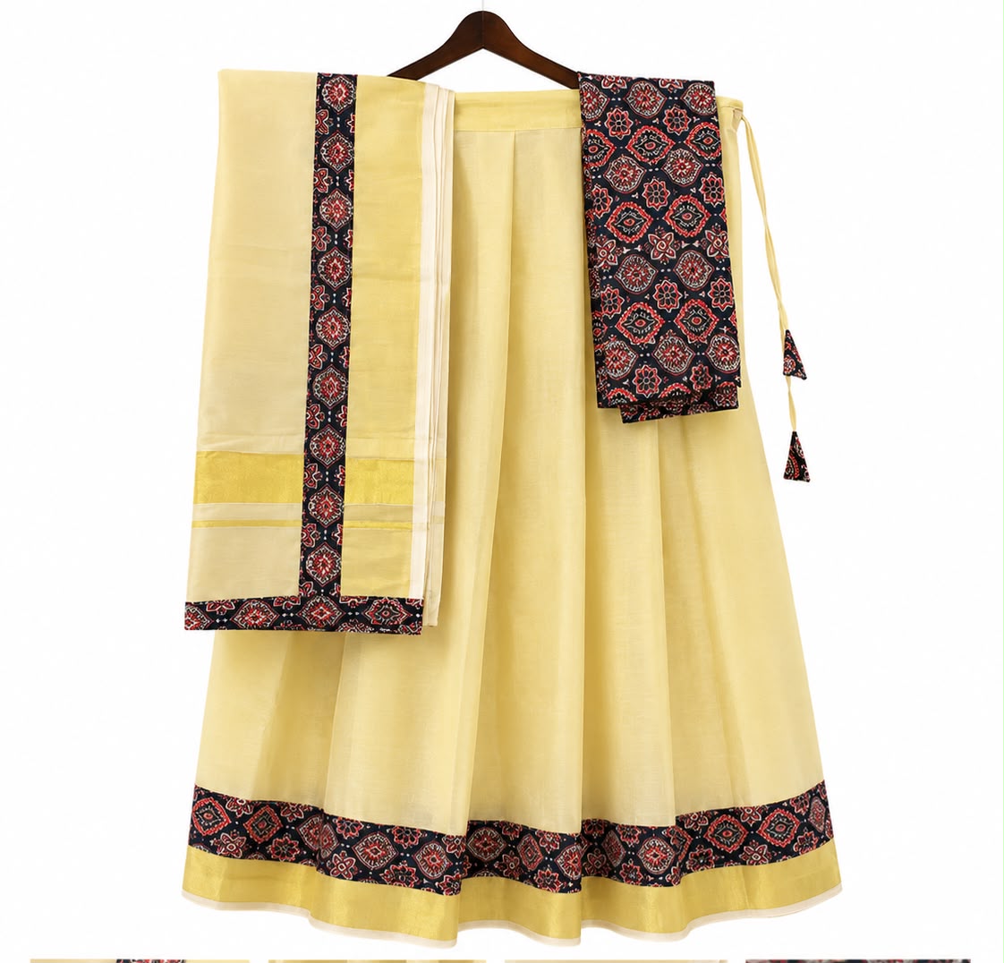 Traditional Ajrak Print Dhavani Set | Tissue Border Kerala Half Saree
