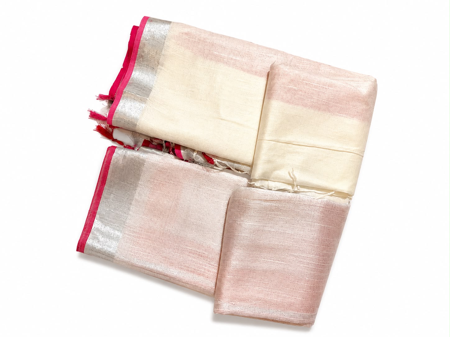 Onam Special Semi Linen Saree with Silver Zari Border & Tassels | Contrast Plain Blouse Piece