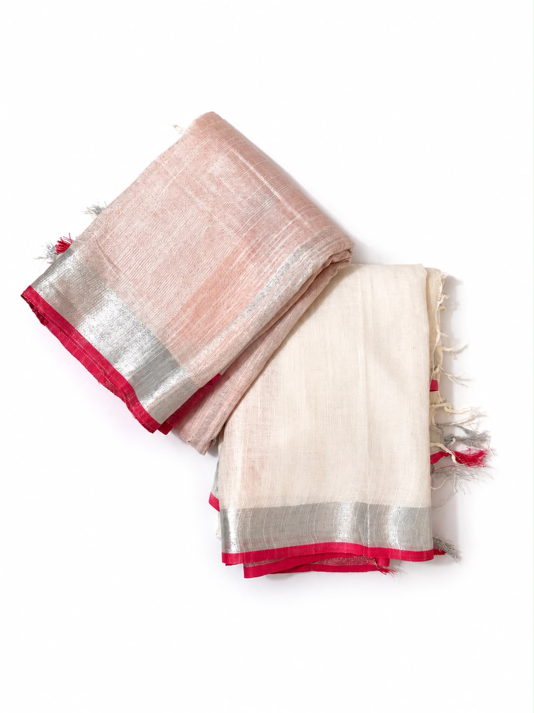 Onam Special Semi Linen Saree with Silver Zari Border & Tassels | Contrast Plain Blouse Piece