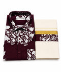 Premium Maroon Floral Printed Shirt with Matching Kerala Kasavu Mundu Set