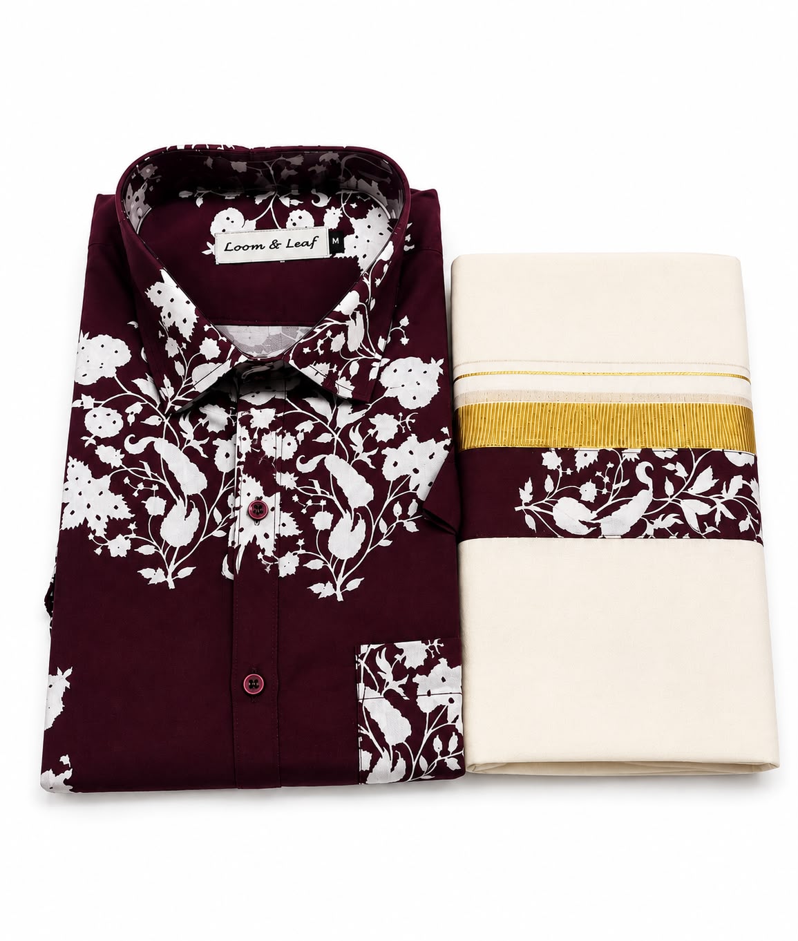 Premium Maroon Floral Printed Shirt with Matching Kerala Kasavu Mundu Set
