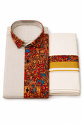 Premium Off-White Kalamkari Printed Shirt with Matching Kerala Kasavu Mundu Set