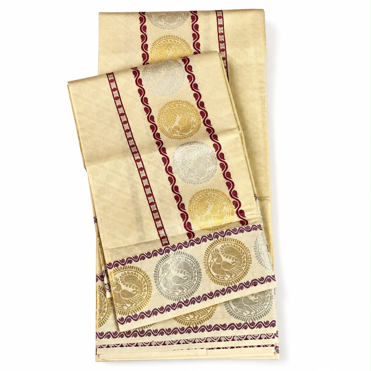 Premium Tissue Set Mundu with Maroon Peacock Zari Border | Kerala Traditional Kasavu Set