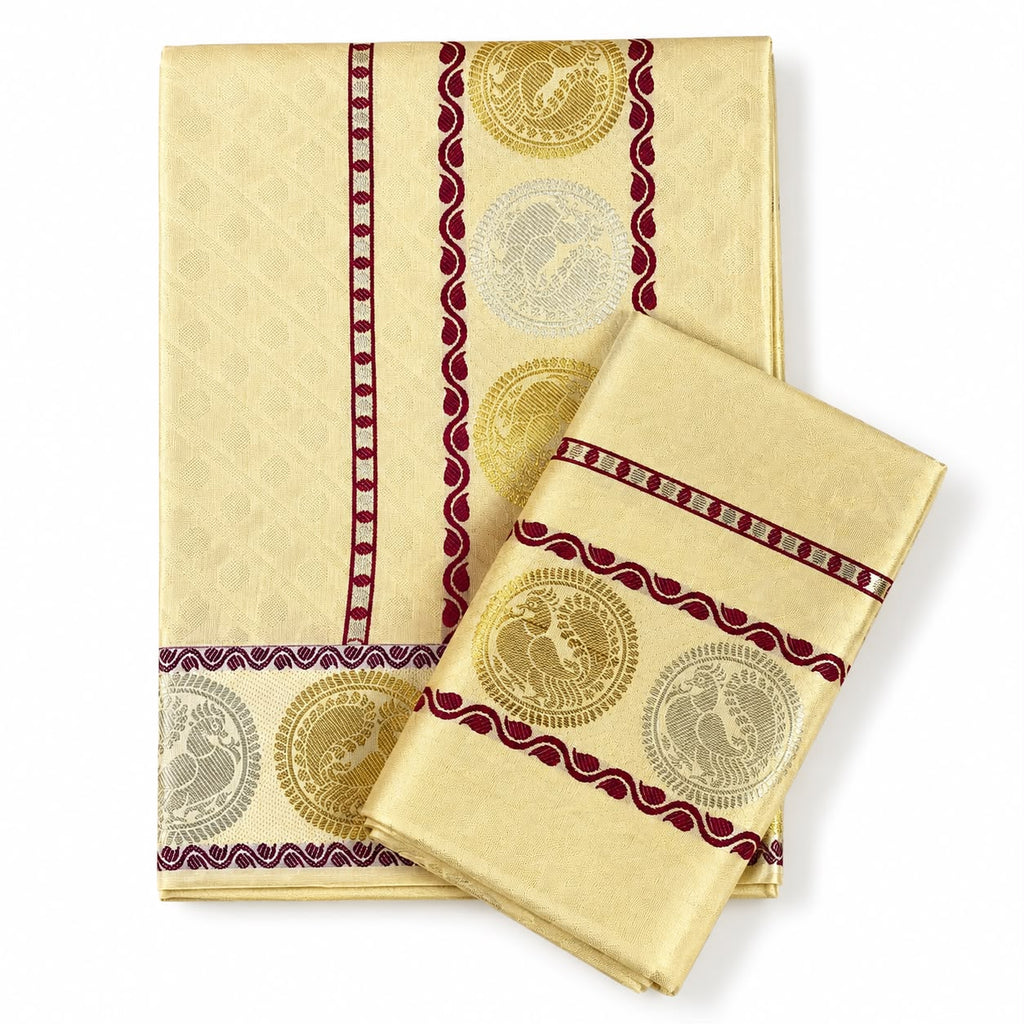 Premium Tissue Set Mundu with Maroon Peacock Zari Border | Kerala Traditional Kasavu Set