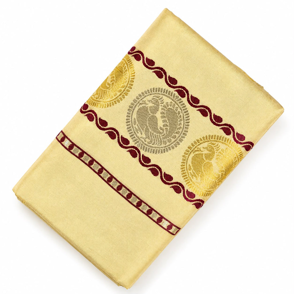Premium Tissue Set Mundu with Maroon Peacock Zari Border | Kerala Traditional Kasavu Set