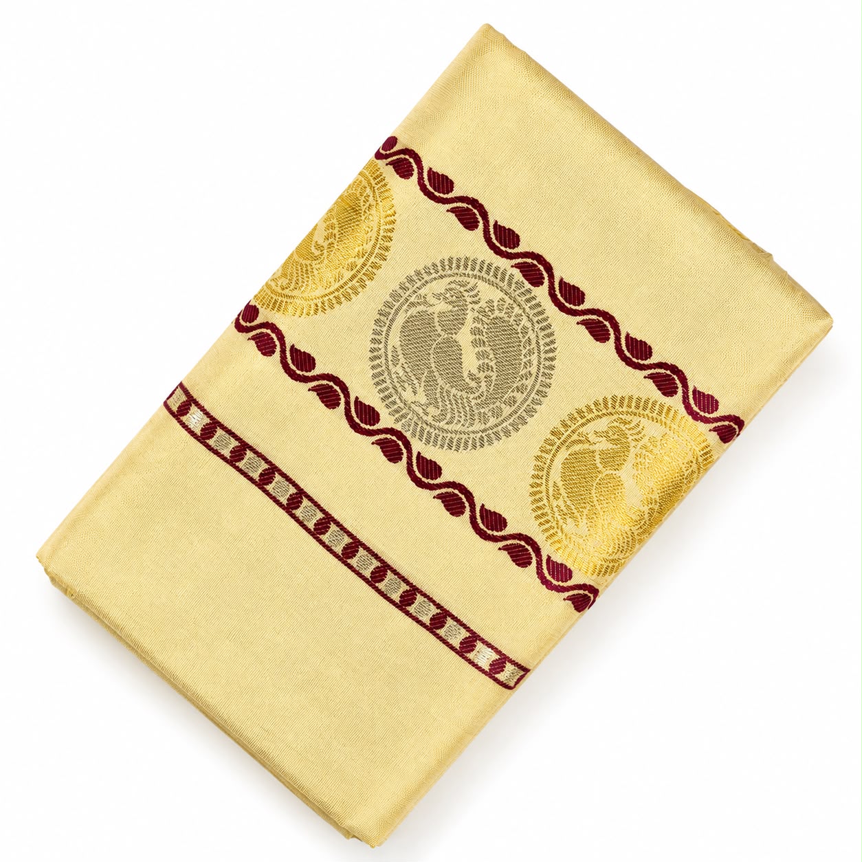 Premium Tissue Set Mundu with Maroon Peacock Zari Border | Kerala Traditional Kasavu Set