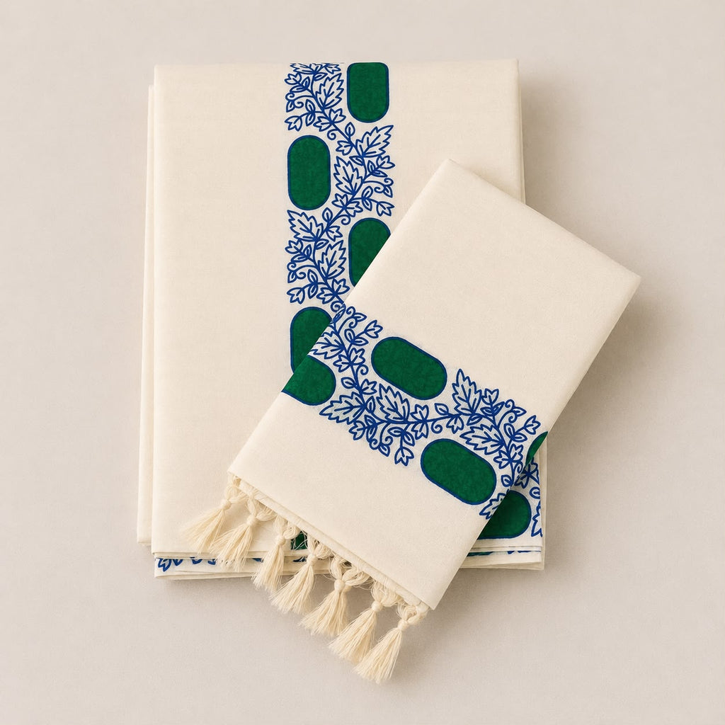 Premium Cotton Set Mundu with Screen Print Border | Traditional Kerala Kasavu Style | Tassel Finish