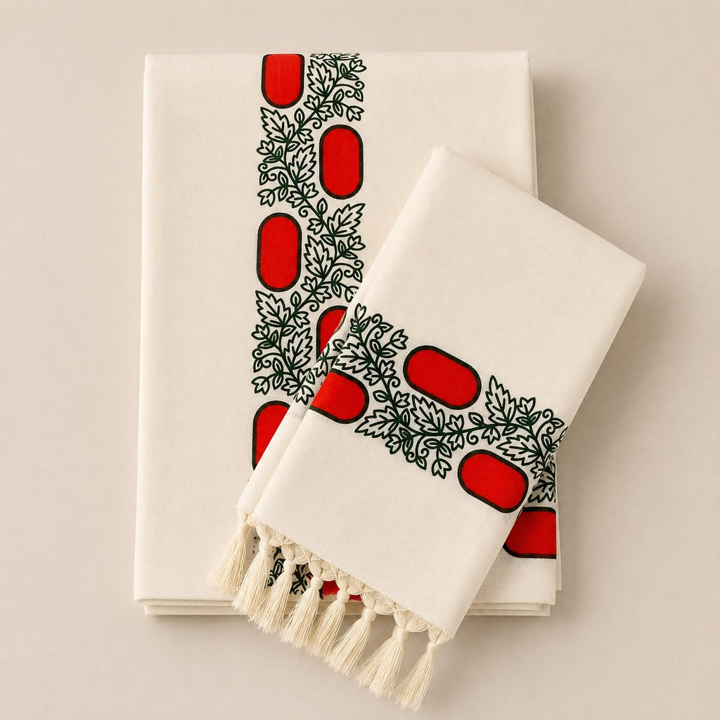 Premium Cotton Set Mundu with Screen Print Border | Traditional Kerala Kasavu Style | Tassel Finish