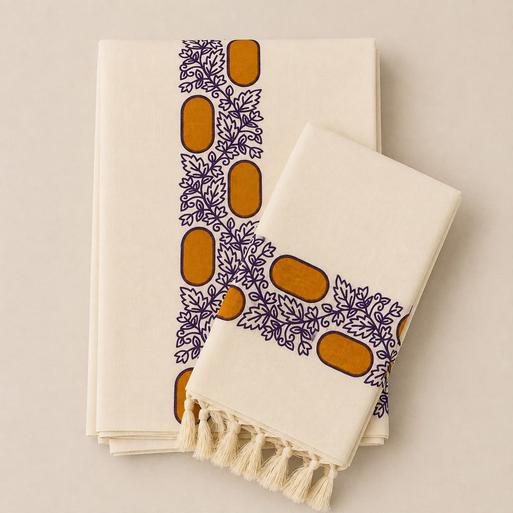 Premium Cotton Set Mundu with Screen Print Border | Traditional Kerala Kasavu Style | Tassel Finish