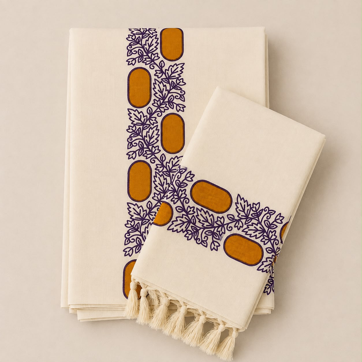 Premium Cotton Set Mundu with Screen Print Border | Traditional Kerala Kasavu Style | Tassel Finish