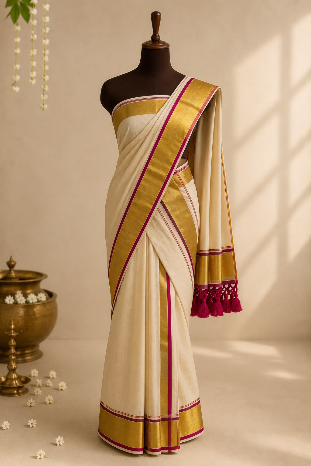 Soft Tissue Kerala Set Mundu with Golden Kasavu & Magenta Border