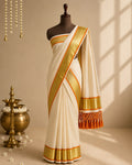 Traditional Kerala Kasavu Set Mundu with Orange Border