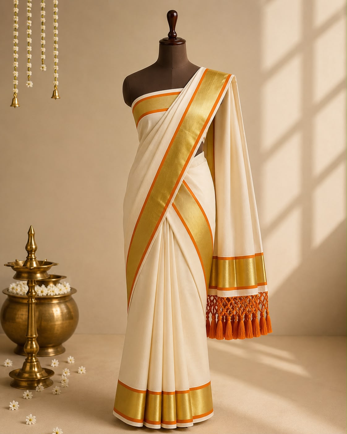 Traditional Kerala Kasavu Set Mundu with Orange Border