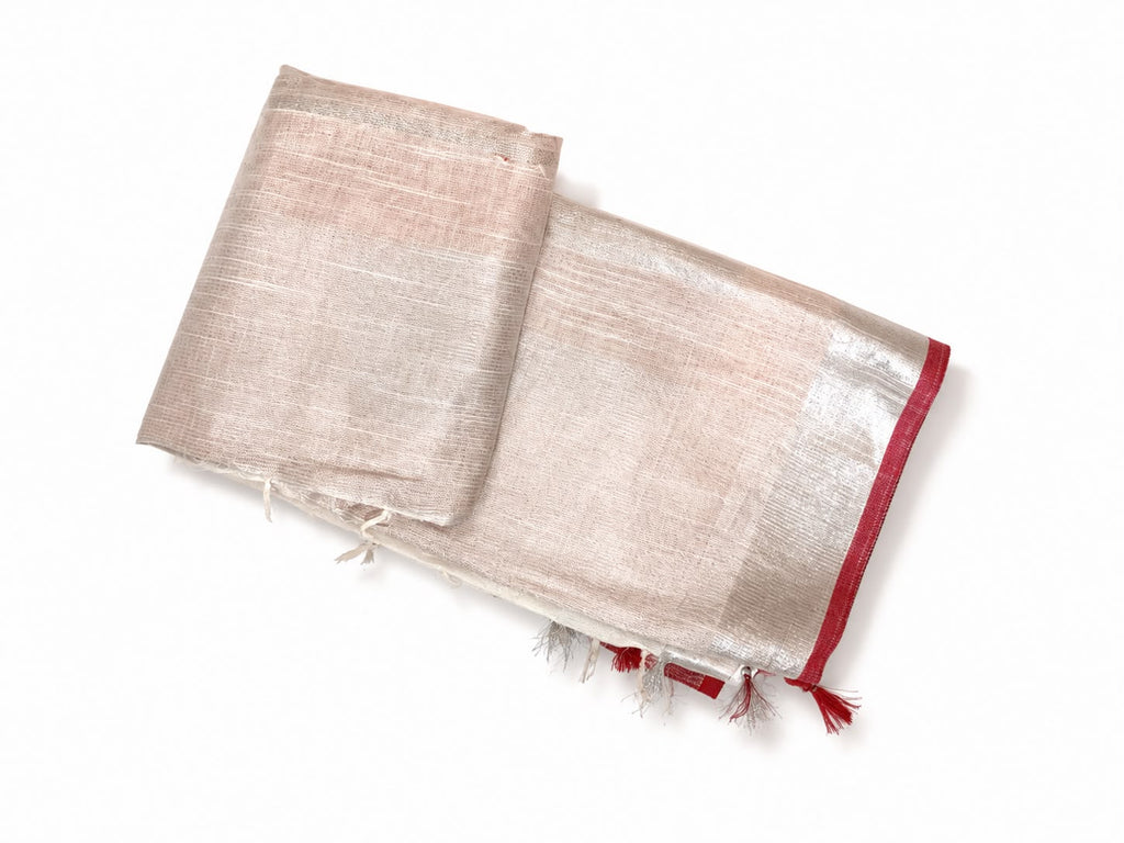 Onam Special Semi Linen Saree with Silver Zari Border & Tassels | Contrast Plain Blouse Piece