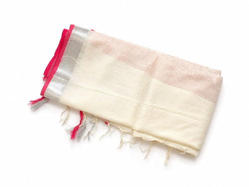 Onam Special Semi Linen Saree with Silver Zari Border & Tassels | Contrast Plain Blouse Piece